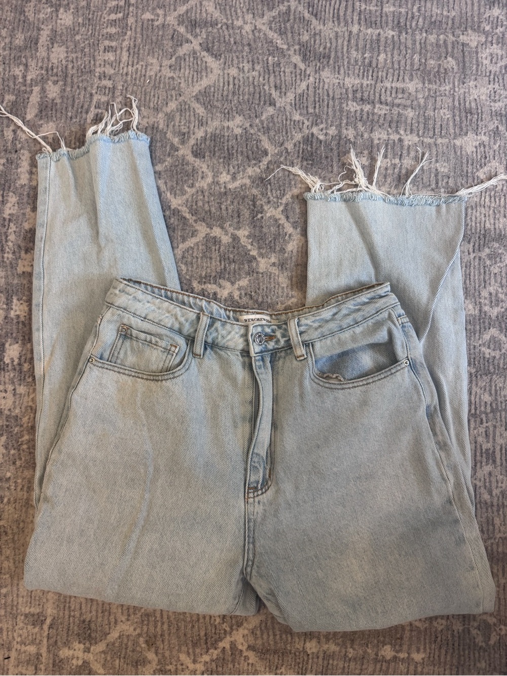WeWoreWhat Light Blue Straight-Leg Jeans with Raw Frayed Hem